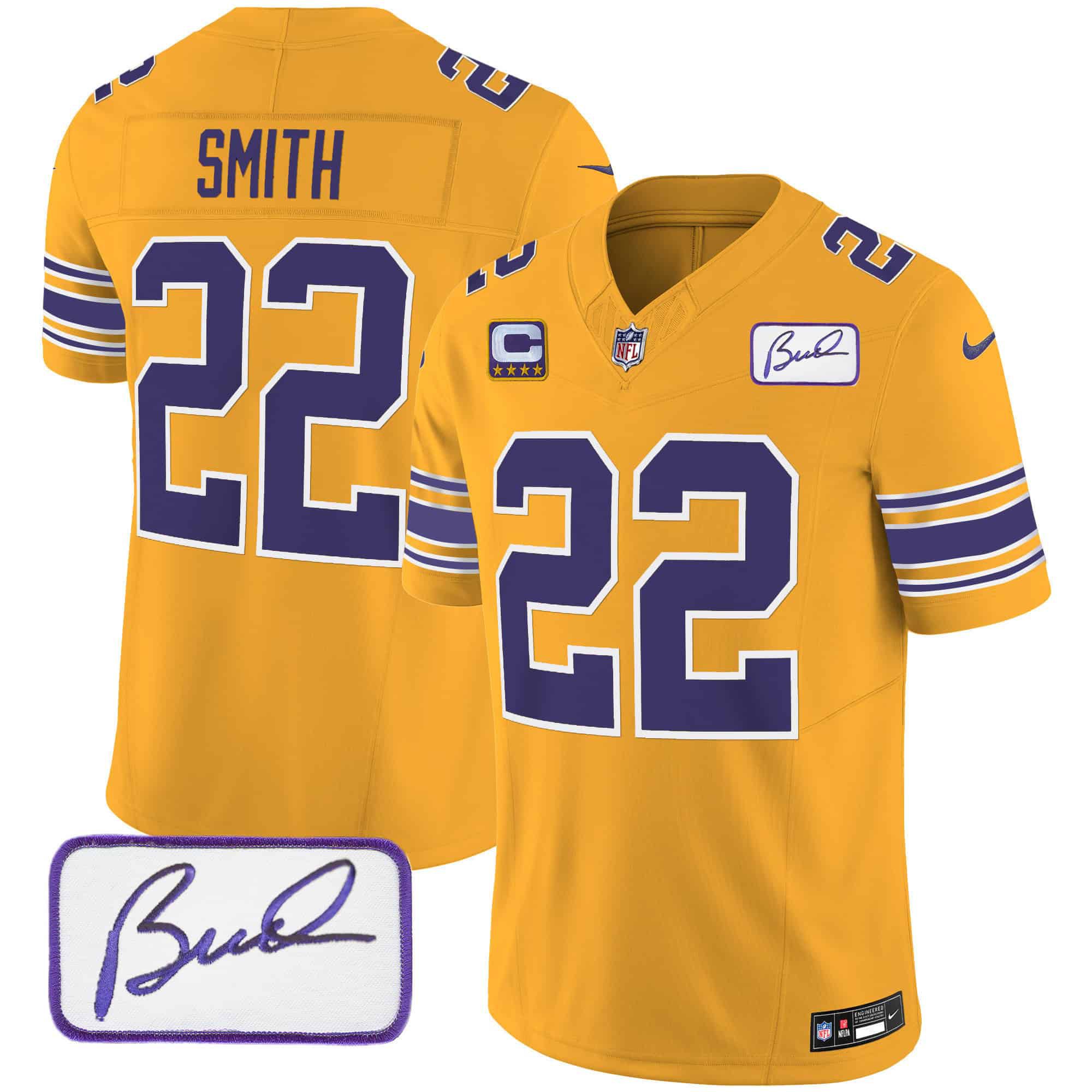 Men Minnesota Vikings #22 Smith Yellow 2024 Nike Bud Grant Patch Classic Limited NFL Jersey